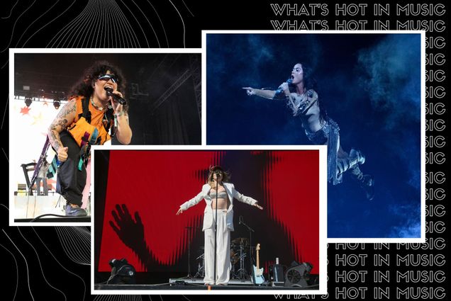 Photo: A composite image of three musicians — Remi Wolf, Suki Waterhouse, and Katy Perry — with text saying "What's Hot in Music" in the background