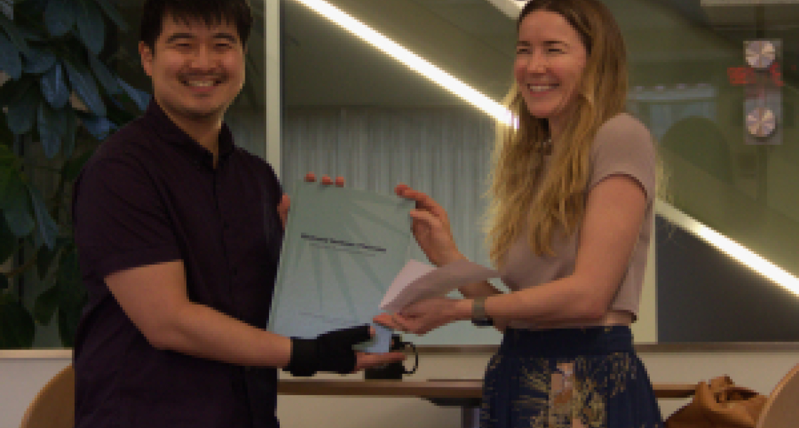 JILA graduate student Tatsuya Akiba (left) celebrates with advisor JILA Fellow and Astrophysical and Planetary Sciences Associate Professor Ann-Marie Madigan 