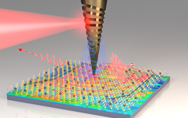 The tip of an Atomic Force Microscope (AFM) measuring the differences in surfaces of a 2D material