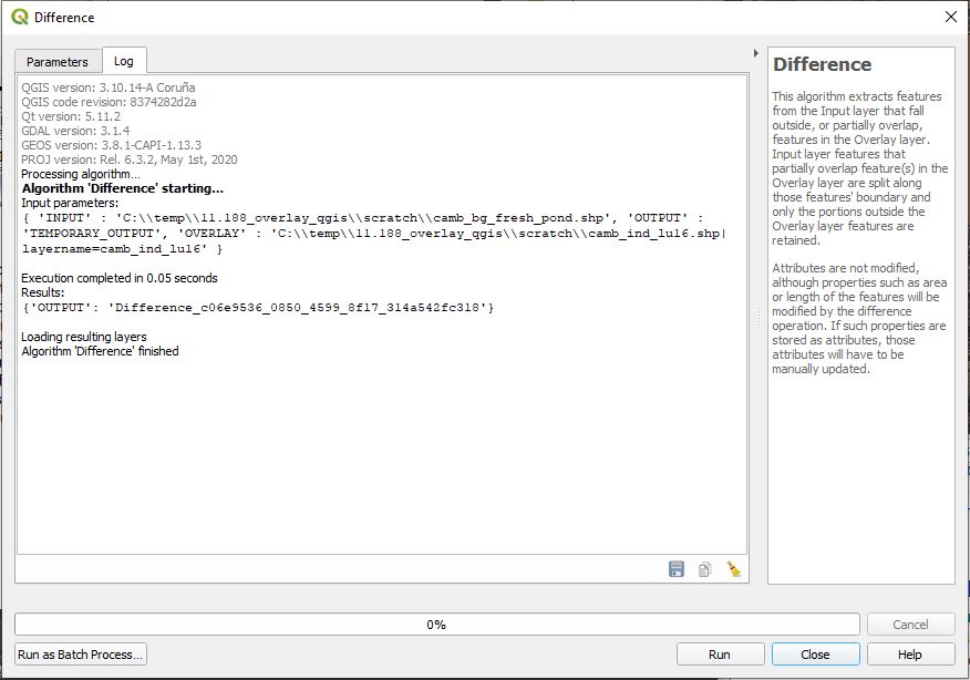 log of output from difference tool