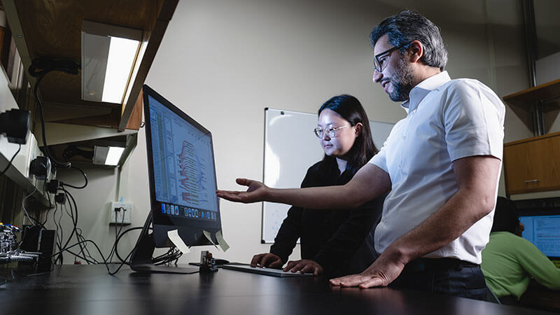 Majid Kazemian works with a team member in his lab.
