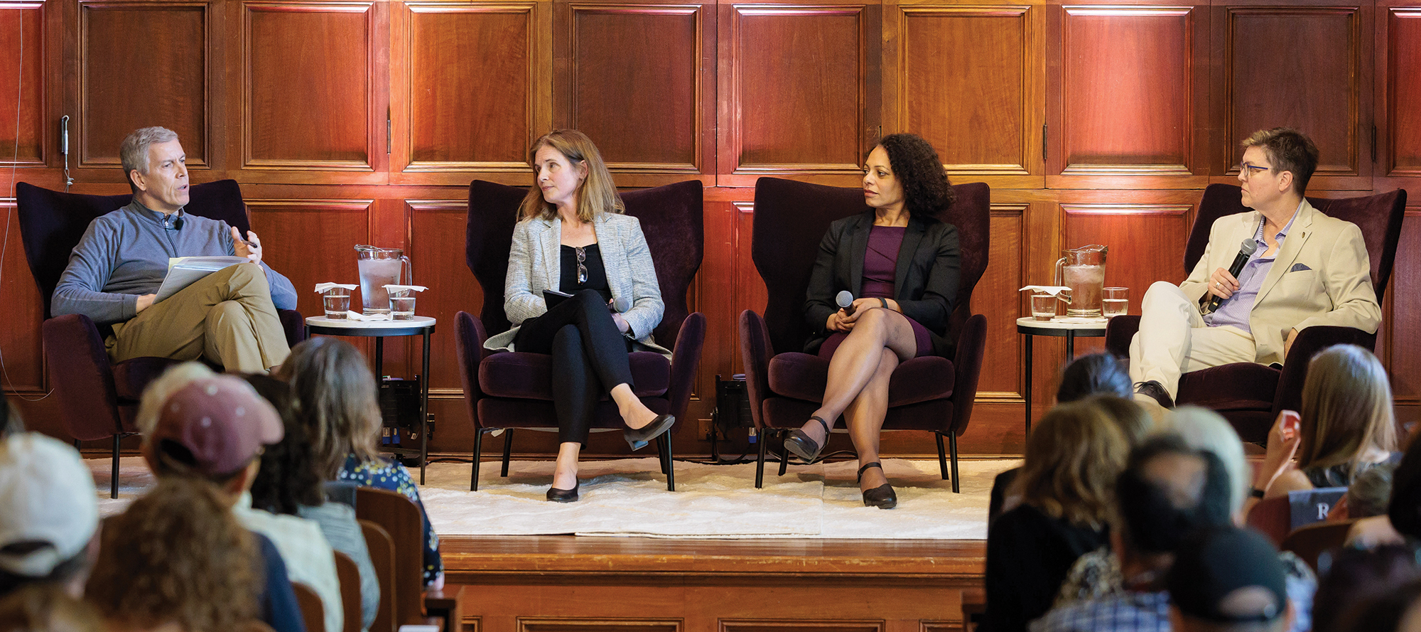 Alumni Weekend higher education moderator and panelists: Arne Duncan, Melina Hale, Nadya Mason, Deborah L. Nelson