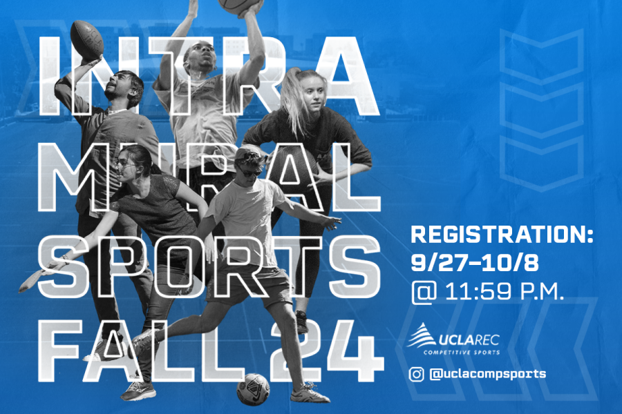 Intramural sports fall 24 registration open 9/27 - 10/8. Blue graphic, masked out photos of students playing various sports