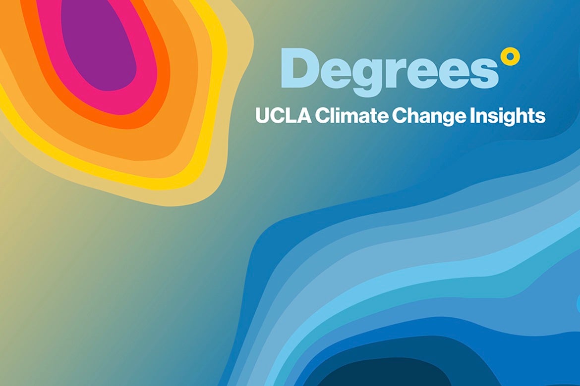 Abstract image with a color gradient suggesting heat in one corner and cold in another, similar to a weather map, heat map, elevation map or climate stripes, labeled "Degrees: UCLA Climate Change Insights."