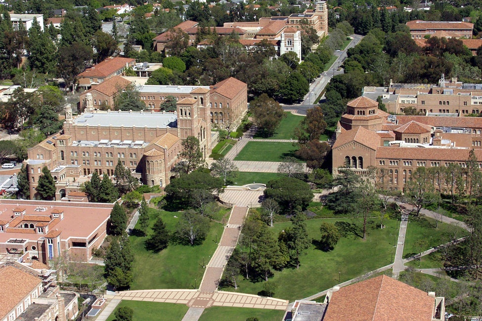 Aerial image of the UCLA campus featuring the Steps and Royce Hall. 