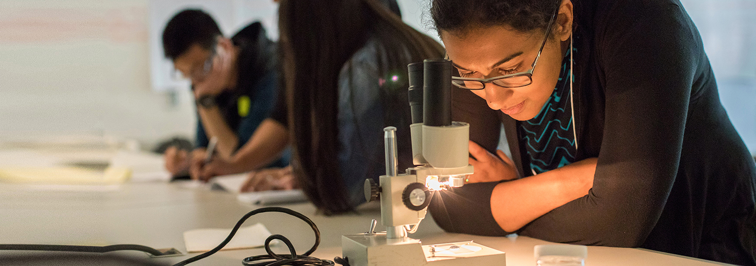 woman looking into microscope