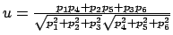 $u=\frac{p_{1}p_{4}+p_{2}p_{5}+p_{3}p_{6}}{\sqrt{
p_{1}^{2}+p_{2}^{2}+p_{3}^{2}}\sqrt{p_{4}^{2}+p_{5}^{2}+p_{6}^{2}}}\medskip
\medskip $