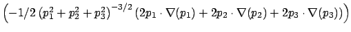 $\left( -1/2\left(
p_{1}^{2}+p_{2}^{2}+p_{3}^{2}\right) ^{-3/2}\left( 2p_{1}\cdo...
...
(p_{1})+2p_{2}\cdot \nabla (p_{2})+2p_{3}\cdot \nabla (p_{3})\right) \right)
$