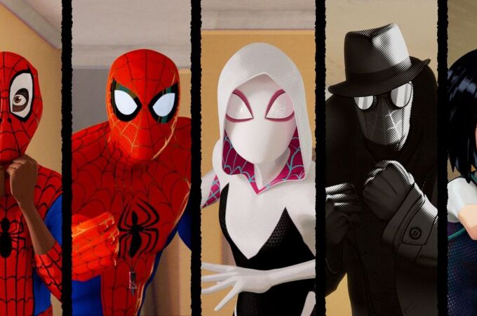 Miles Morales (Shameik Moore), Peter Parker (Jake Johnson), Spider-Gwen (Hailee Steinfeld), Spider-Man Noir (Nicolas Cage), Peni Parker (Kimiko Glenn) and Spider-Man (John Mulaney) in Columbia Pictures and Sony Pictures Animation's SPIDER-MAN: INTO THE SPIDER-VERSE.