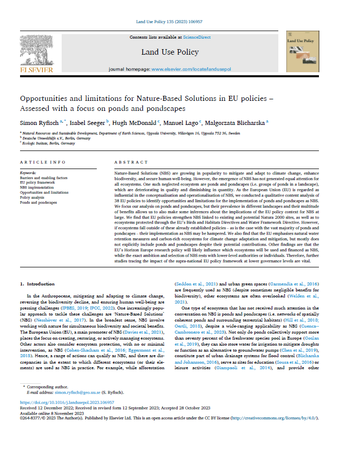 Image of the front page of the academic journal article titled 'Opportunities and limitations for Nature-Based Solutions in EU policies – Assessed with a focus on ponds and pondscapes.' Image includes elements like a header with the journal name 'Land Use Policy,' the Elsevier logo, and a URL link to the journal's homepage. The article lists the authors and feature an abstract section with a summary of the content, including keywords such as 'Nature-Based Solutions,' 'EU policies,' 'ponds,' 'pondscapes' etc