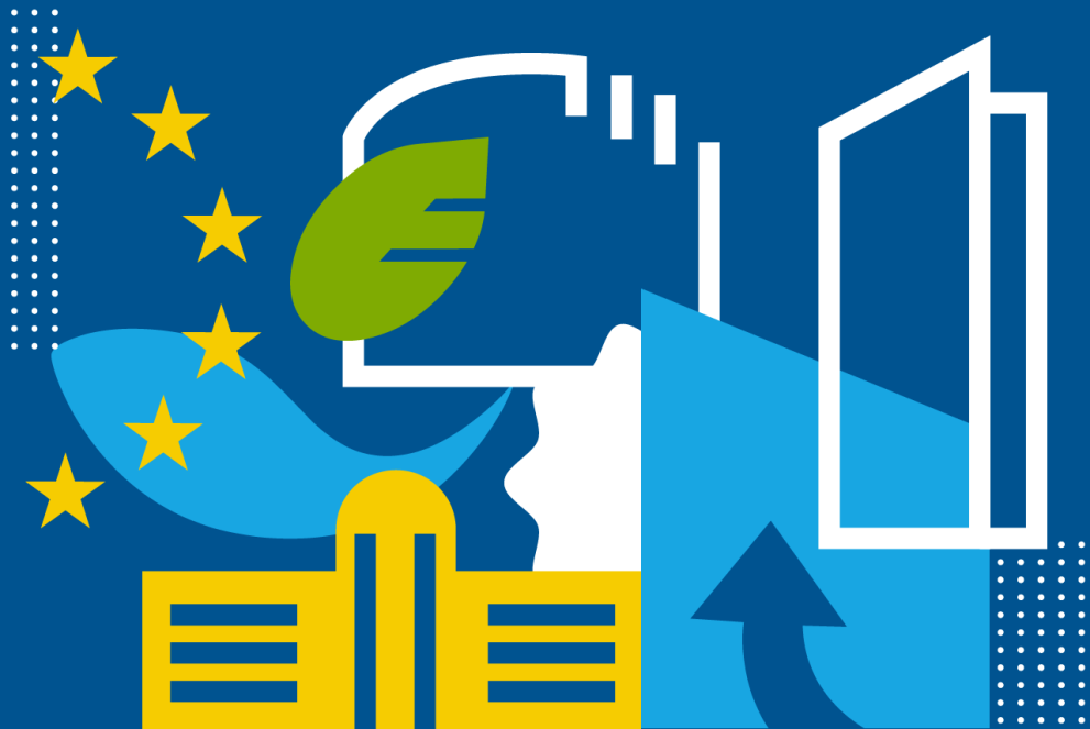 animated picture to reflect EMAS in the European institutions - blue background with icons of yellow building, EU flag, white door