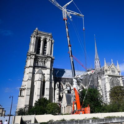 La cathédrale Notre-Dame et le chantier de reconstruction avec deux grues monumentales (illustration)