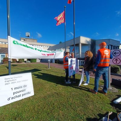 Les salariés en grève devant la Chambre d'Agriculture de Normandie