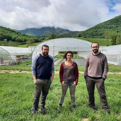 De gauche à droite, l'éleveur Laurent Brun, la maraîchère Laurie Lauga, et le propriétaire Romain Pique, en charge notamment de la commercialisation, de l'administratif et du financier.