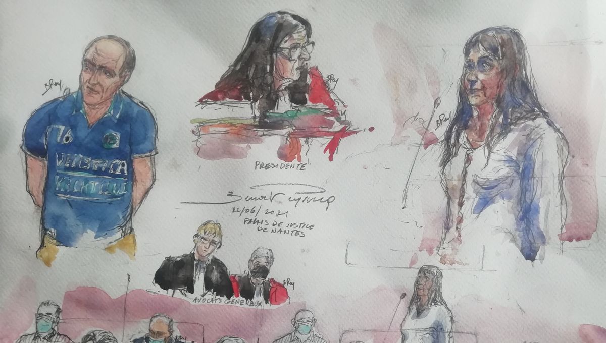 Un croquis montrant le principal accusé Hubert Caouissin (à gauche) et la coaccusée Lydie Traodec (à droite) au palais de justice de Nantes.