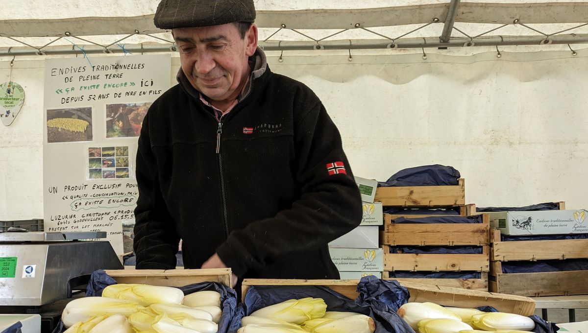 Le producteur picard d'endives Christophe Luzurier sur son stand à la fête des endives d'Ailly-sur-Somme, le 25 février 2023.