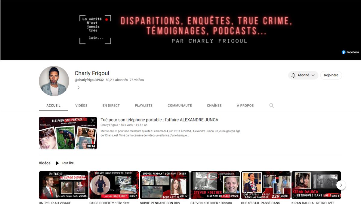 Page d'accueil de la chaîne Youtube de Charly Frigoul