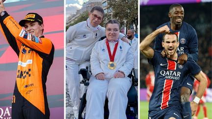 Oscar Piastri, Claudine Llop et Aurélie Aubert, Ousmane Dembélé et Fabian Ruiz. (AFP/Clément Mariotti Pons)