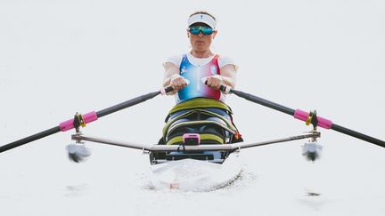 Nathalie Benoit durant une course d'aviron lors des Jeux paralympiques à Paris, le 31 août 2024. (BALLET PAULINE / KMSP)