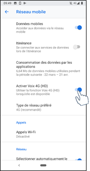  J’active le curseur de la ligne « Activer Voix 4G (HD) »