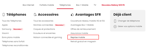 Emplacement de la rubrique Reprise mobile dans la section Avantages SFR du menu