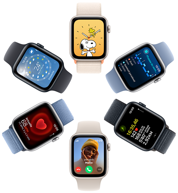 Une vue aérienne de six Apple Watch SE dont les six écrans affichent respectivement le fond d’écran Snoopy, des données de l’app Santé, des données de l’app Exercice, un appel entrant, la Fréquence cardiaque et l’app Météo.