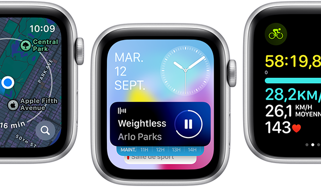 Vue avant de plusieurs écrans d’Apple Watch SE affichant différents écrans d’apps actualisées.