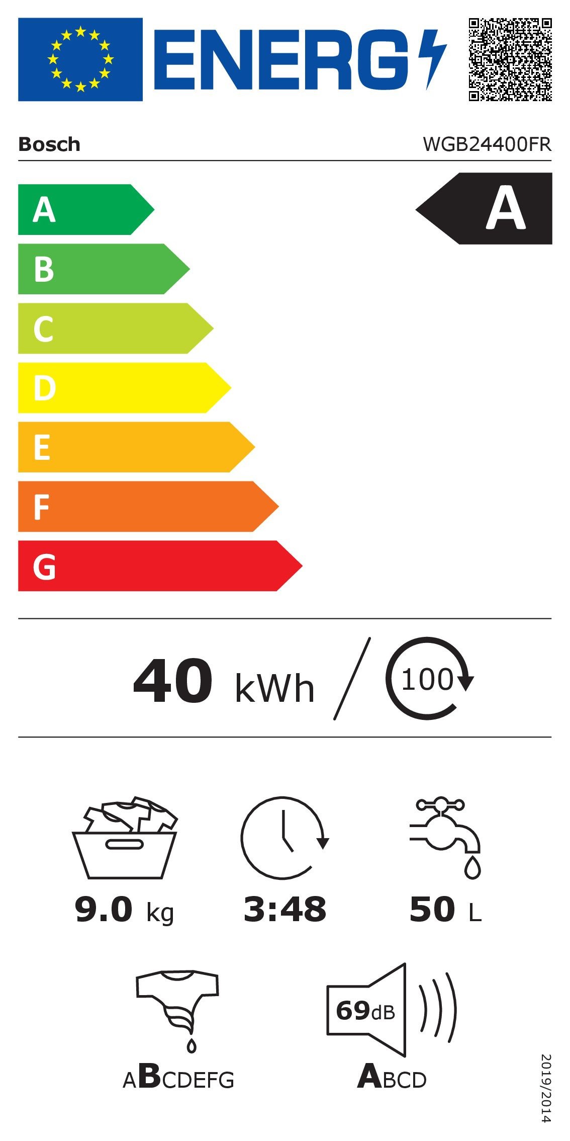 Lave linge Frontal BOSCH Série 8 1400 trs/min 9kg - WGB24400FR