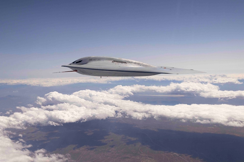 A bomber flies through the air.