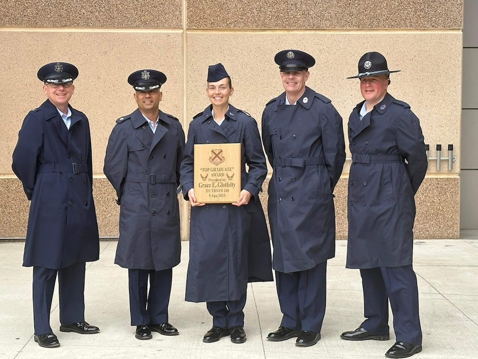 U.S. Air Force Airman 1st Class Grace Glotfelty, 9th Operations Support Squadron weather journeyman, received the Top Graduate Award when she completed Basic Military Training, at Lackland Air Force Base, Texas, April 7, 2023.