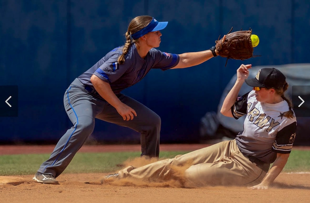 U.S. Air Force Airman 1st Class Grace Glotfelty, 9th Operations Support Squadron weather journeyman, competes for the All-Air Force Women’s Softball Team, getting an out against the All-Army Women’s Softball Team during the Armed Forces Softball Championship held at Devon Park in Oklahoma City, Oklahoma, Aug. 17, 2024.