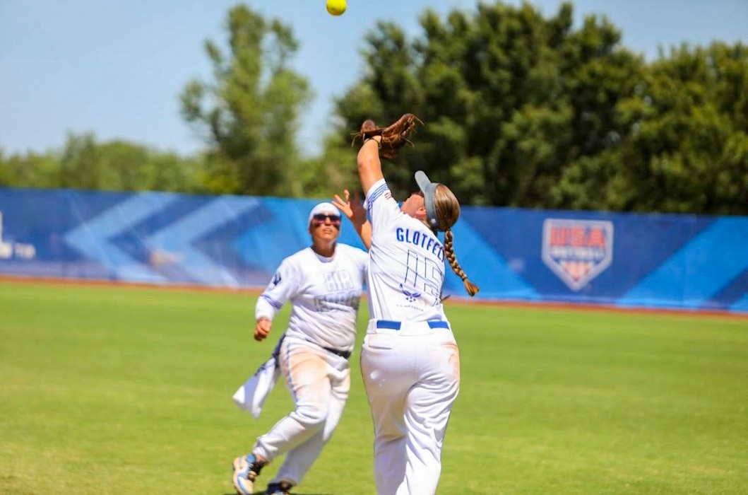 U.S. Air Force Airman 1st Class Grace Glotfelty, 9th Operations Support Squadron weather journeyman, catches a ball while competing for the All-Air Force Women’s Softball Team during the Armed Forces Softball Championship held at Devon Park in Oklahoma City, Oklahoma, Aug. 19, 2024.