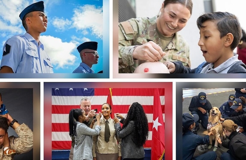 A graphic of images of several service members, their families and a dog.