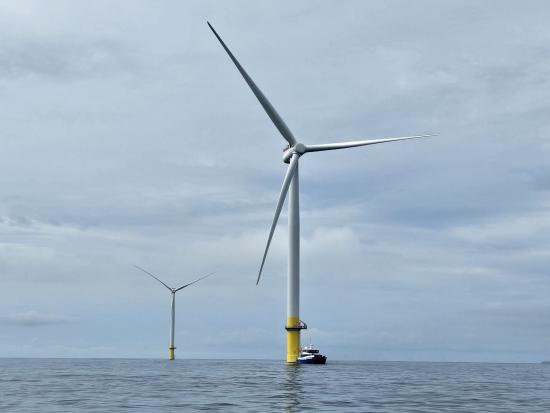 Two wind turbines in water.