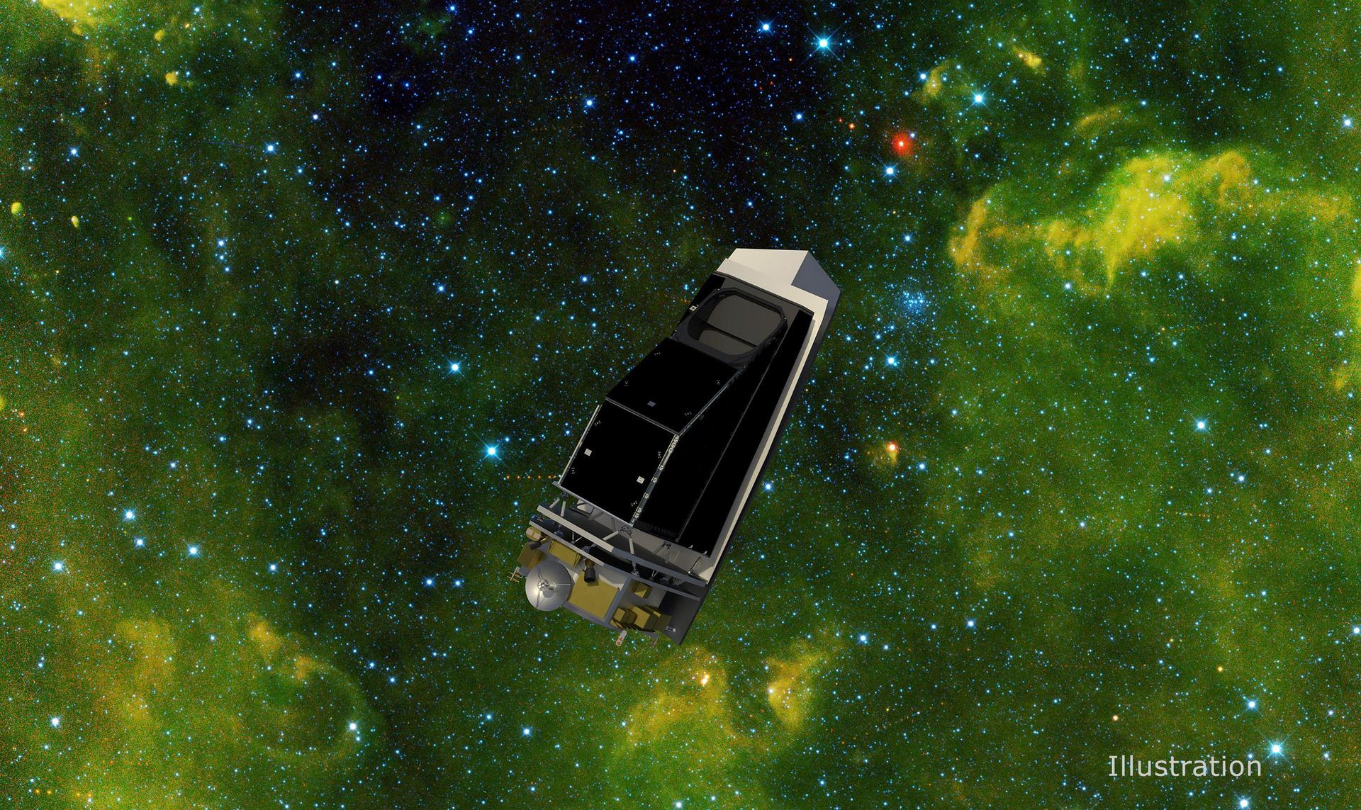 NASA's NEO Surveyor is seen in this illustration against an infrared observation of a starfield made by the agency's WISE mission.