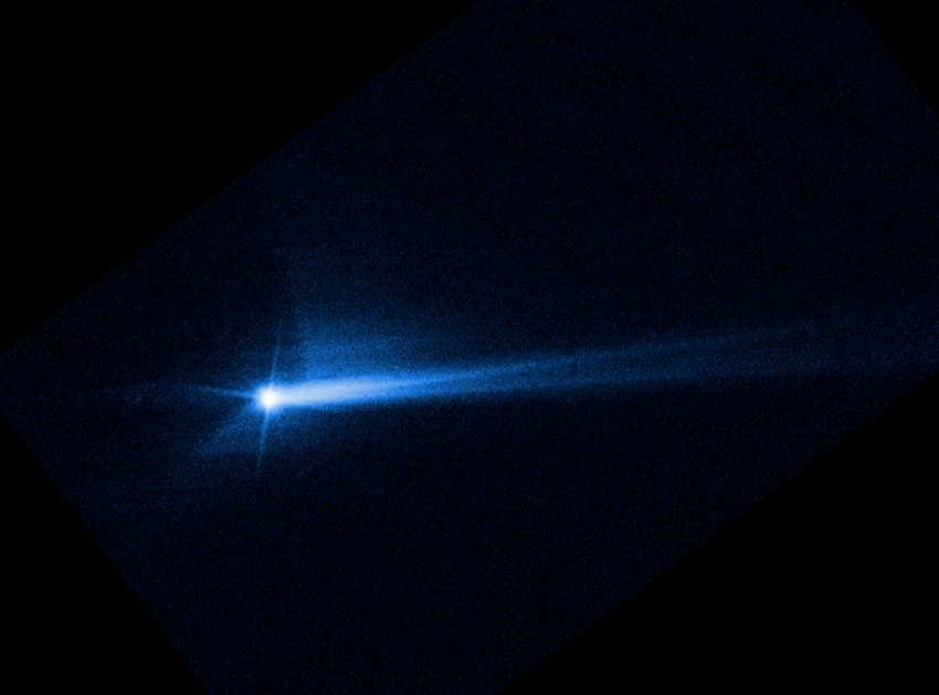 Hubble Space Telescope image of the trail of debris taken on Oct. 8, 2022, 285 hours after impact.