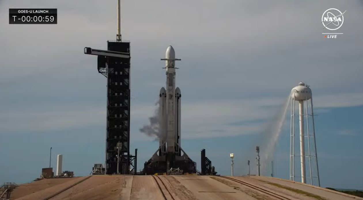 GOES-U on the launch pad on top of a Space-X Falcon Heavy