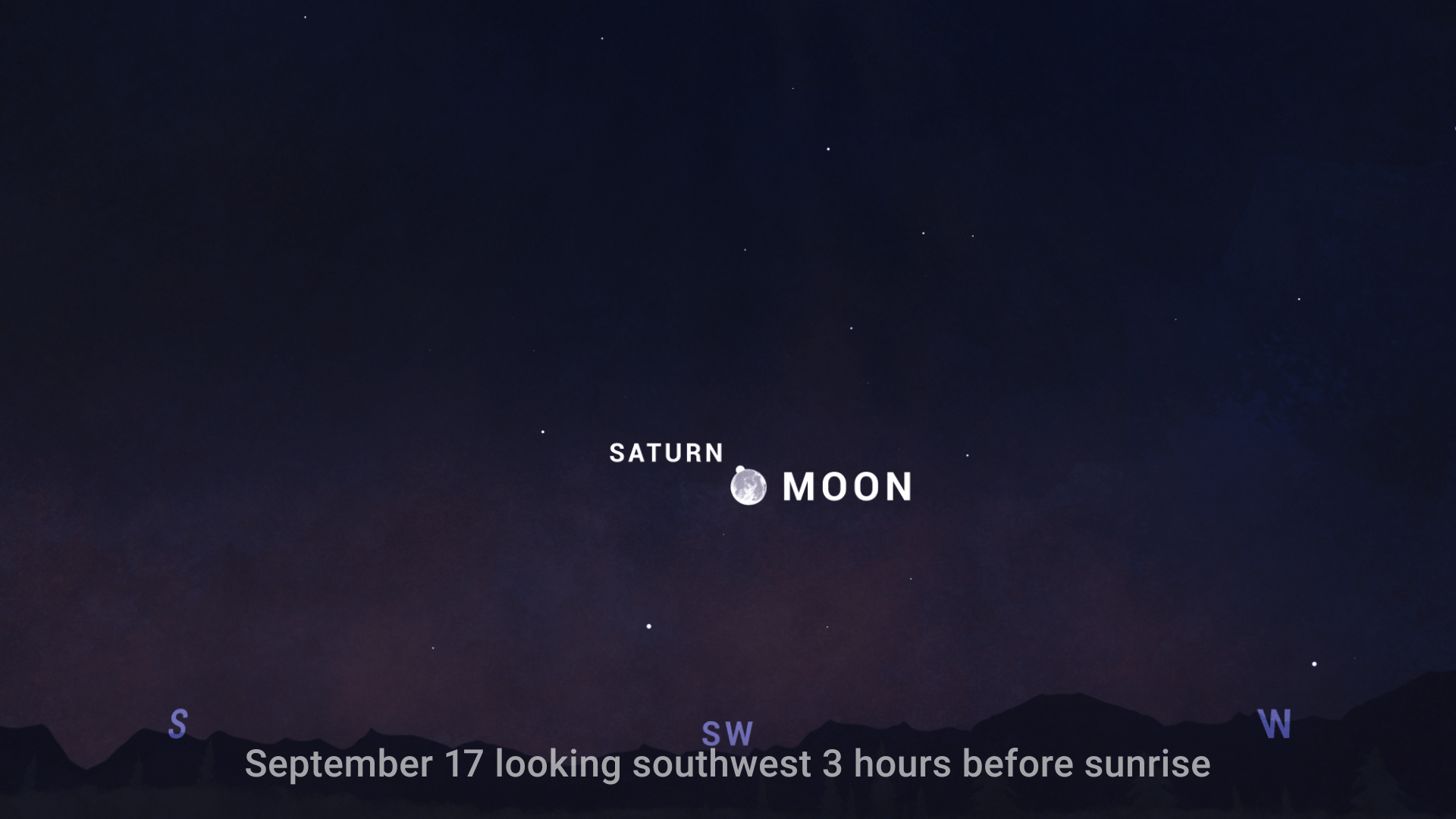 An illustrated sky chart shows the morning sky facing southwest, 3 hours before sunrise on September 17, 2024. The Moon appears near center, with Saturn appearing as a small white dot, touching the Moon at the 11 o'clock position.