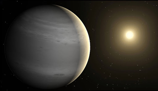 Illustration of a large planet with a grayish atmosphere partially illuminated by a distant bright star in space, surrounded by a dark sky dotted with small stars.