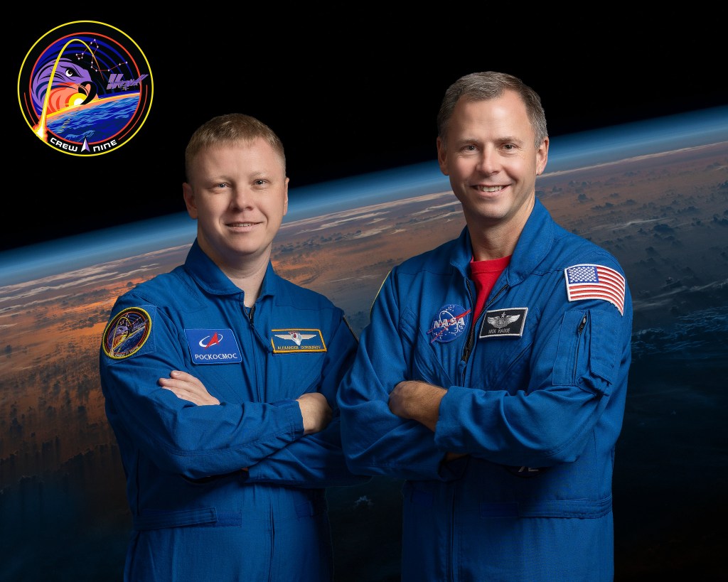 SpaceX Crew-9 members (from left) Mission Specialist Aleksandr Gorbunov from Roscosmos and Commander Nick Hague from NASA pose for an official crew portrait at NASA's Johnson Space Center in Houston, Texas.