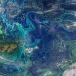 Sub-mesoscale ocean dynamics, like eddies and small currents, are responsible for the swirling pattern of these phytoplankton blooms (shown in green and light blue) in the South Atlantic Ocean on January 5, 2021.