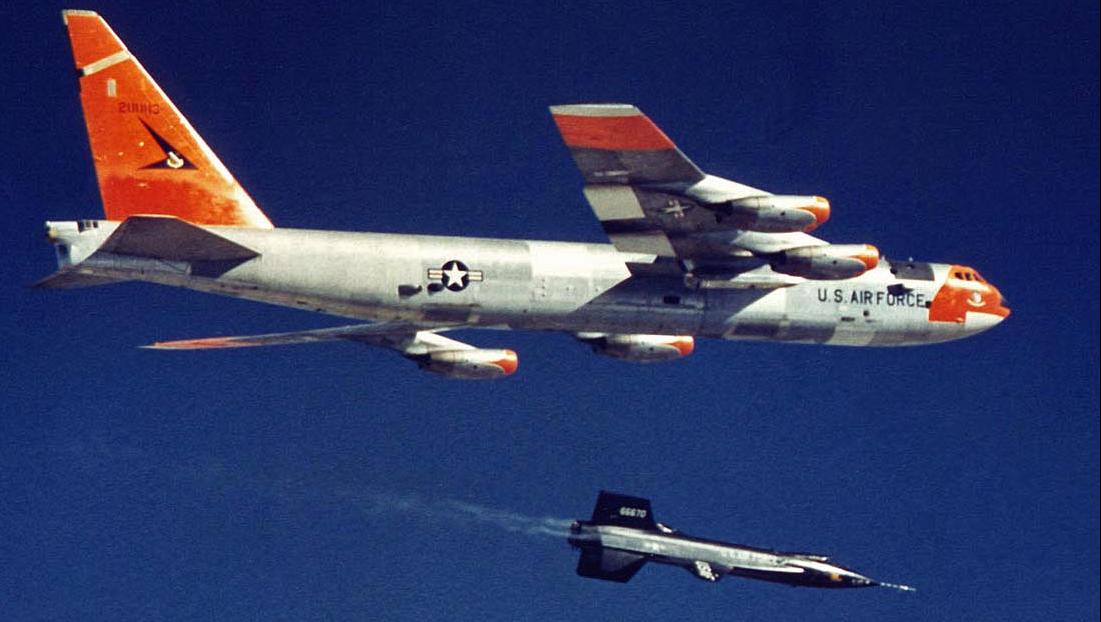 A. Scott Crossfield pilots the X-15 during its first unpowered glide test flight in June 1959. 