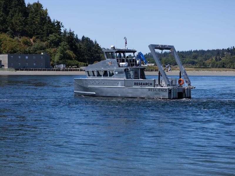 The RV Resilience vessel drives by PNNL Sequim campus.