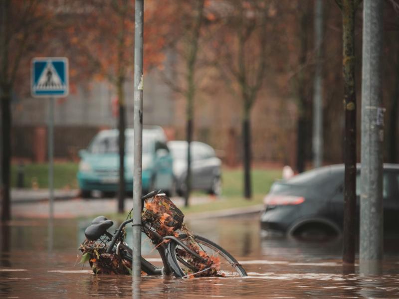 A flooded urban landscape.