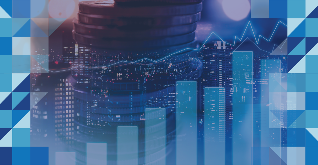 Graphic with blue squares a city and bar charts