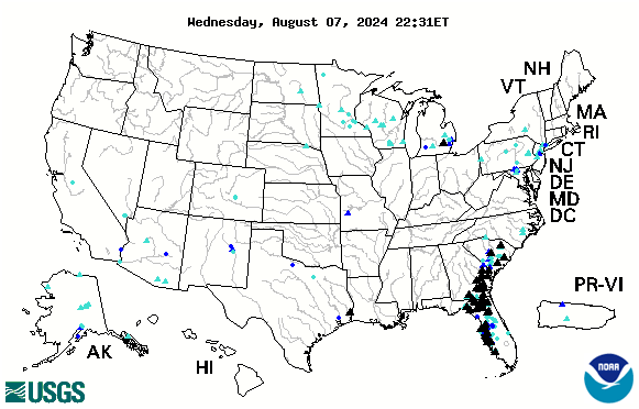 Map of USGS streamgages currently experiencing flood and high-flow streamflow conditions (updated dynamically)