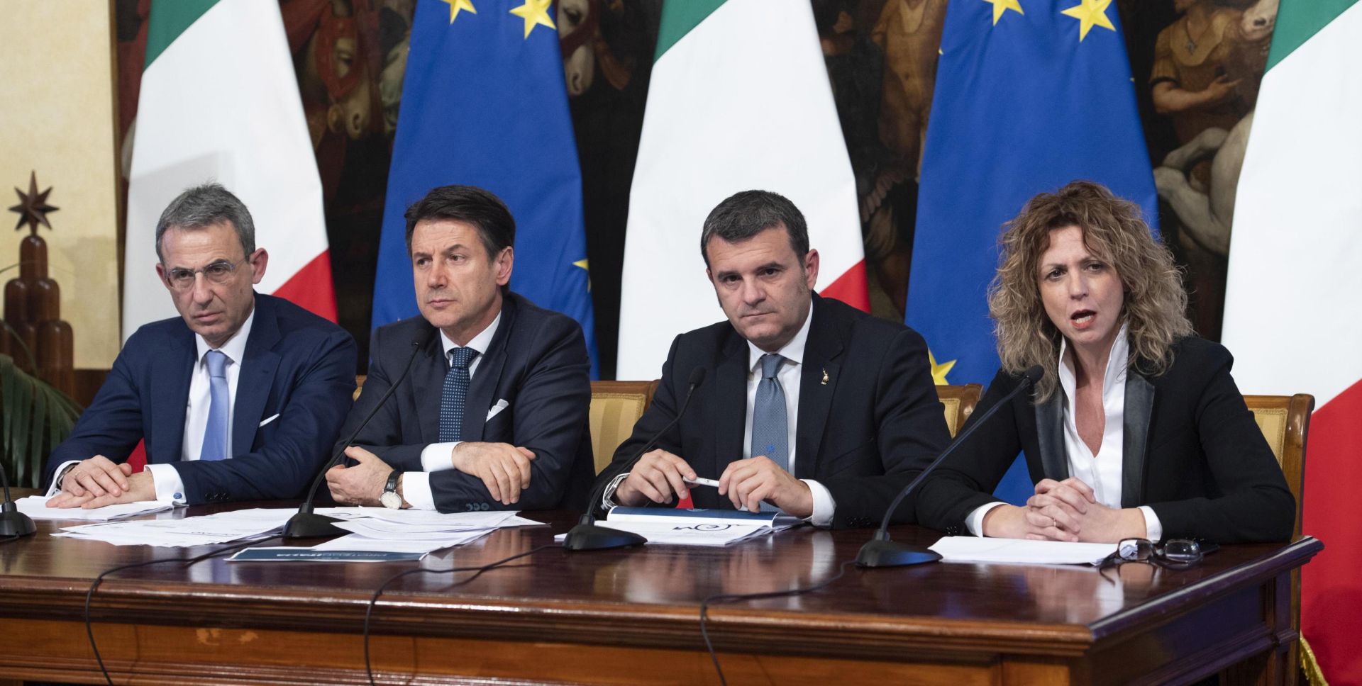 epa07401894 (L-R) Italian Environment Minister Sergio Costa, Italian Prime Minister Giuseppe Conte, Italian Agriculture Minister Gian Marco Centinaio and the Minister for the South, Barbara Lezzi, attend a press conference to launch 'protect Italy' plan at Chigi Palace in Rome, Italy, 27 February 2019. Reports state the government allocated 11 billion euros for the three-year national plan to protect land from dangers including landslides, floods and coastal erosion.  EPA/MAURIZIO BRAMBATTI