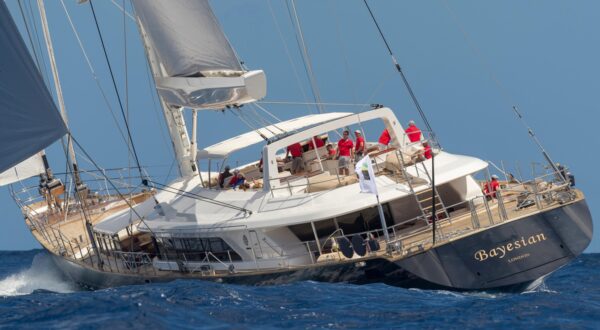 epa11555084 A handout photo made available on 19 August 2024 by Perini Navi Press Office shows the 'Bayesian' sailing boat, in Palermo, Sicily, Italy. At least one person died, six remain missing and 15 passengers were rescued, after a 56-meter-long luxury sailboat, the Bayesian, with 22 people on board, sank at dawn on 19 August off Porticello, near Palermo, after a tornado hit the area.  EPA/PERINI NAVI PRESS OFFICE / HANDOUT HANDOUT EDITORIAL USE ONLY/NO SALES