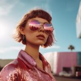 Trendsetting woman with a short bob hairstyle,  sporting rose-tinted reflective sunglasses and a glossy sequined jacket,  against a backdrop of clear blue skies and urban landscape,Image: 855363685, License: Royalty-free, Restrictions: , Model Release: no, Credit line: Anna Maloverjan / Panthermedia / Profimedia