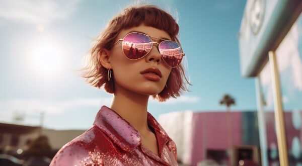 Trendsetting woman with a short bob hairstyle,  sporting rose-tinted reflective sunglasses and a glossy sequined jacket,  against a backdrop of clear blue skies and urban landscape,Image: 855363685, License: Royalty-free, Restrictions: , Model Release: no, Credit line: Anna Maloverjan / Panthermedia / Profimedia